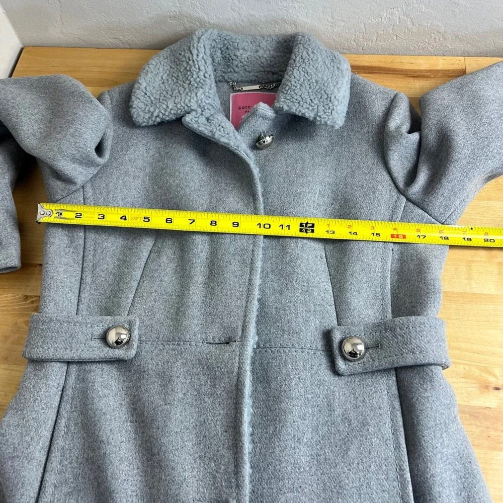 Kate Spade Grey Wool Blend Coat Sherpa Trim Collar Trench Jacket K21765Y Size XS